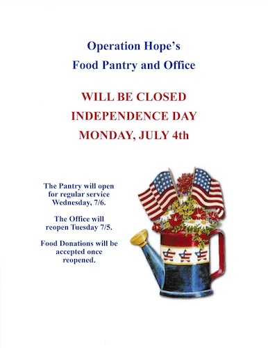 Operation Hope Closed Monday in Honor of 4th of July