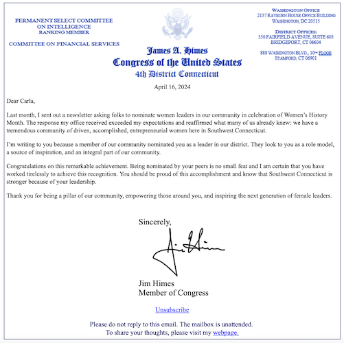 Congressman Jim Himes Recognizes Carla Miklos as Top Female Leader