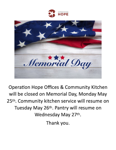 Office, Food Pantry & Community Kitchen Closed for Memorial Day